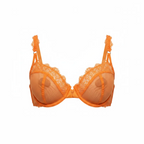 PUNANY orange underwire bra featuring delicate floral lace, sheer mesh panels, and scalloped edges.
